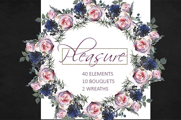 粉红玫瑰/蓝蓟水彩剪贴画 Pink Roses Blue Thistle Clipart插图(7)