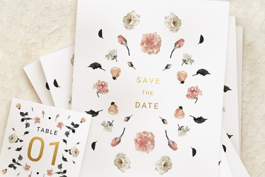 玫瑰金花卉婚礼邀请函设计套装 Rose Gold Wedding Invitation Suite插图(3)