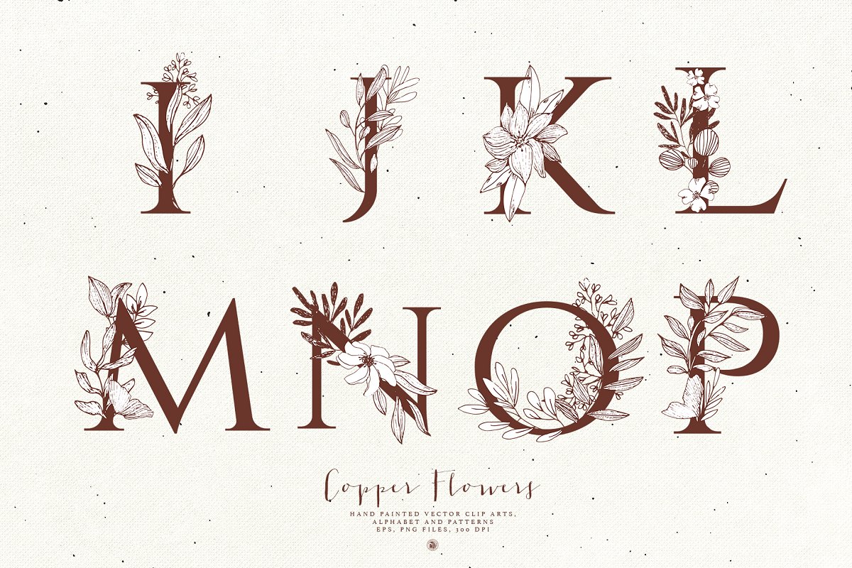 古铜色花卉字母插画套装插图(4)