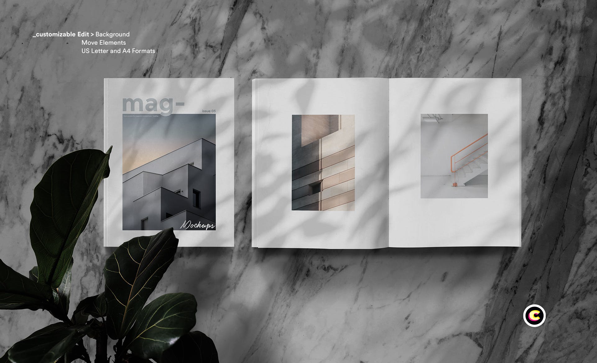 植物阴影大理石背景杂志版式设计预览样机素材库精选模板 Magazine Mock Up插图(1)