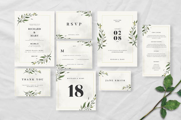 水彩叶子婚礼邀请函设计套装 Watercolor Leaf Wedding Invitation Suite插图(5)