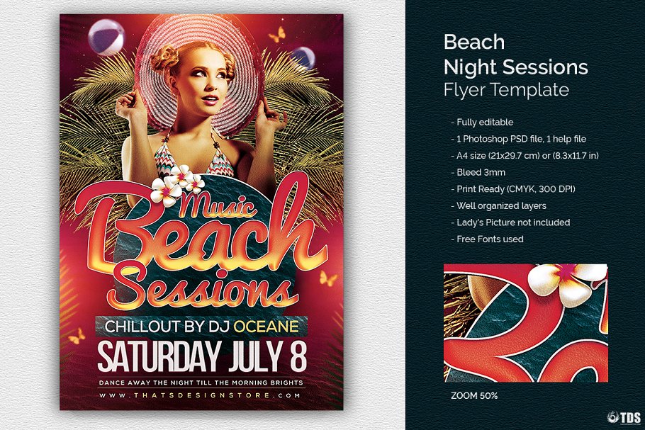 沙滩之夜海滩派对活动传单PSD模板 Beach Night Sessions Flyer PSD插图