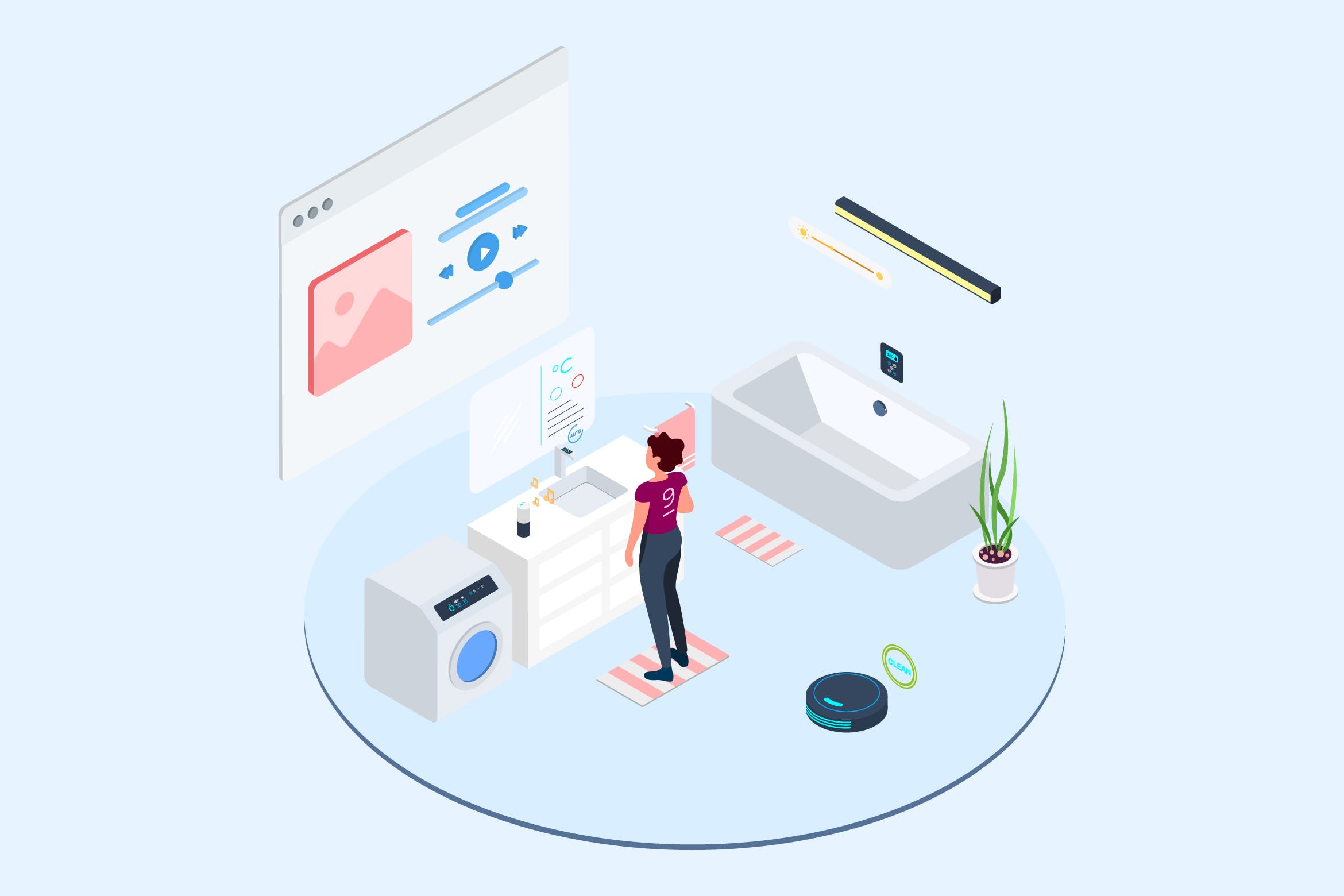 家庭智能音响系统场景2.5D等距概念矢量插画v1 Smart Echo Isometric Illustration – T2插图