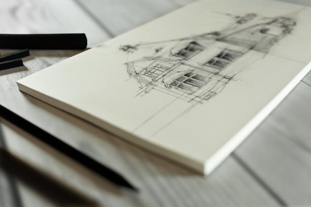 木炭笔&素描本艺术品展示样机 Charcoal & Sketch Mockup插图(1)