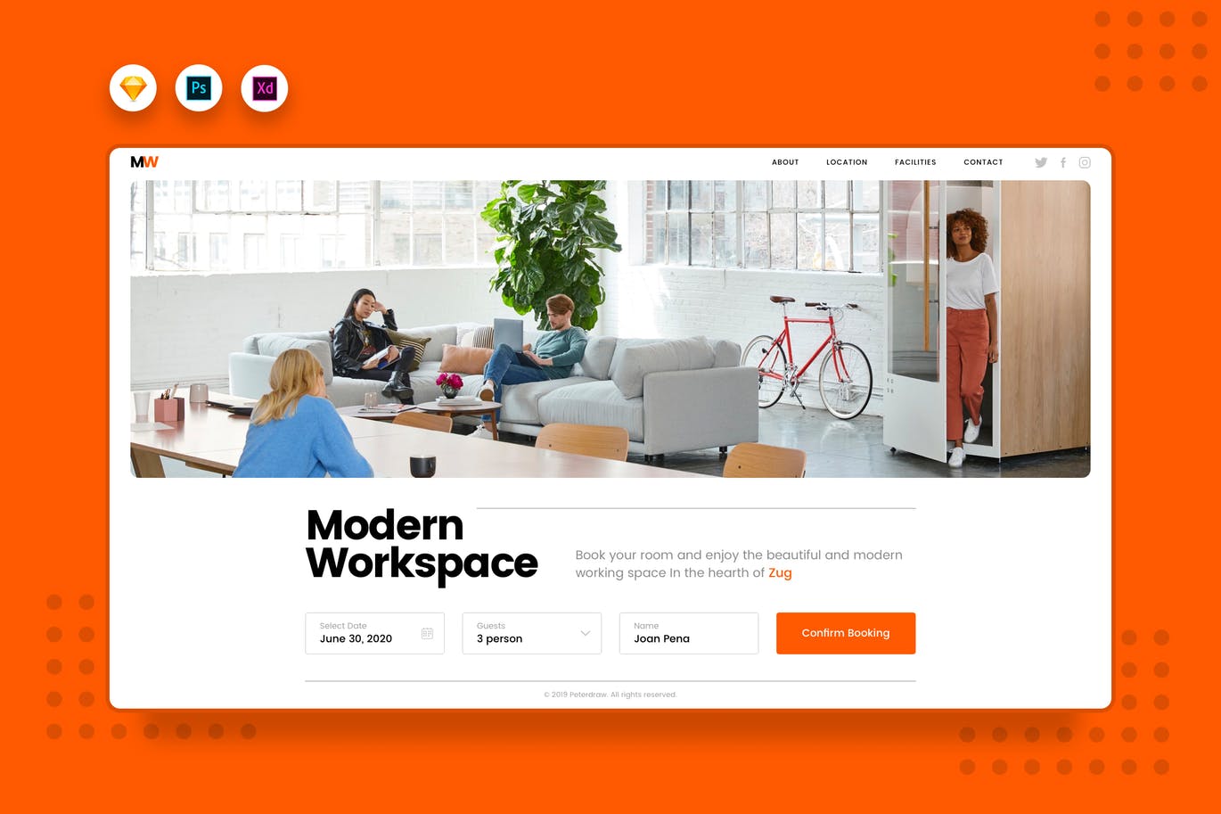 共享空间租赁网站首页UI设计模板[PSD, SKETCH, XD] DailyUI.V4 Working Space Booking Website Landing插图