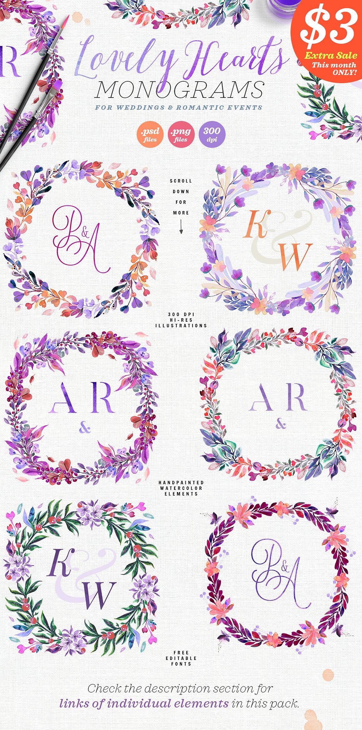 6款精致手绘紫罗兰色植物元素下载[psd,png]插图