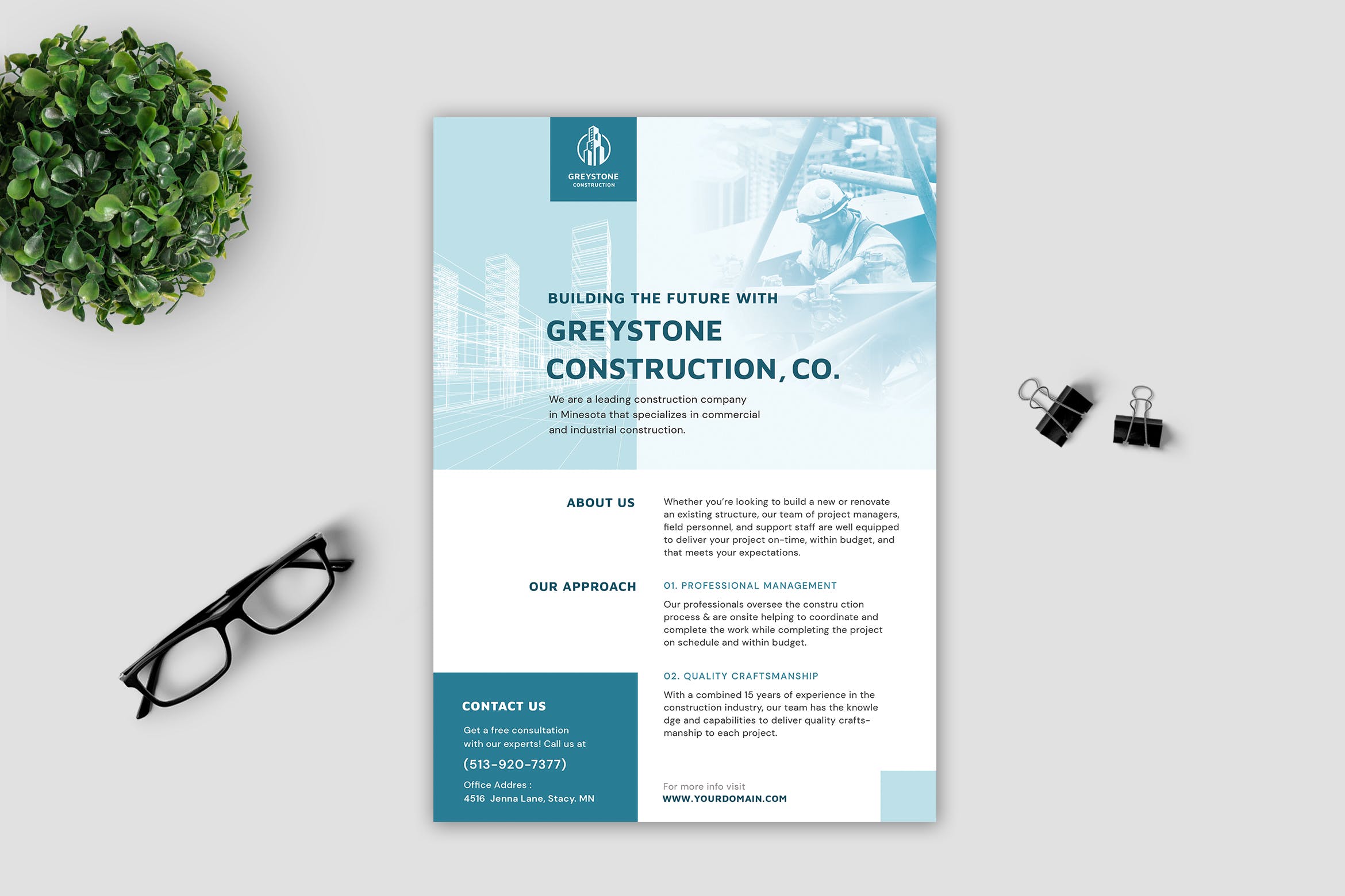 建筑基建公司简介宣传单设计模板 Constructor Corporate Flyer插图