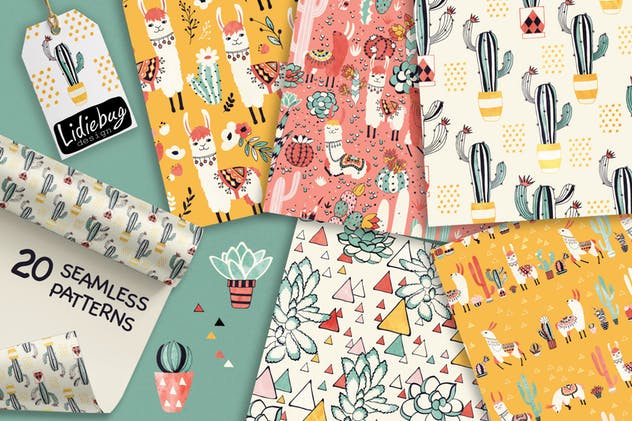 美洲驼和仙人掌水彩剪贴画&纹理 Llamas and Cacti插图(2)