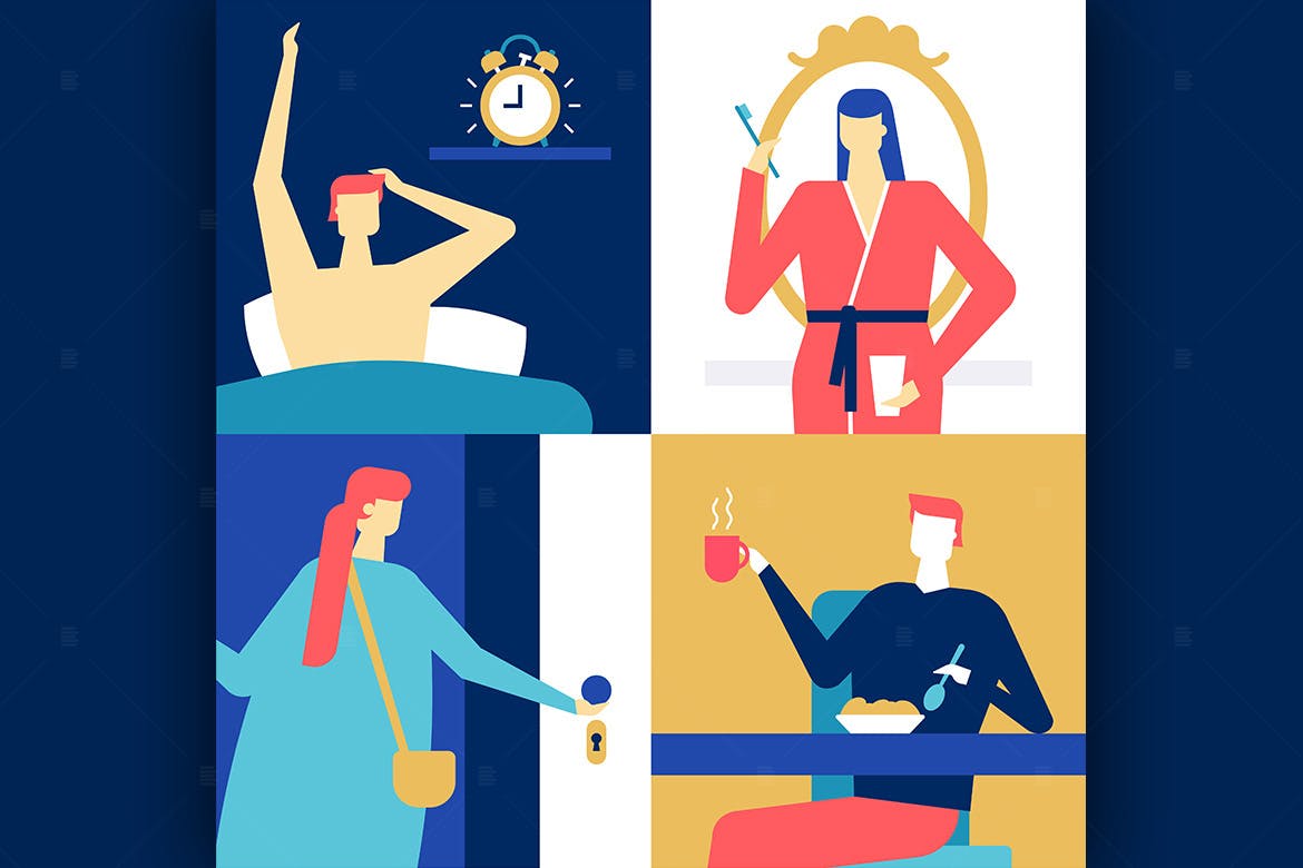 日常工作场景扁平设计风格矢量插画 Daily routine – flat design style illustration插图