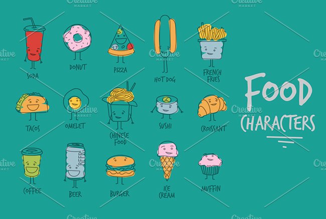 手绘甜点小吃矢量图案 Food Characters插图(5)