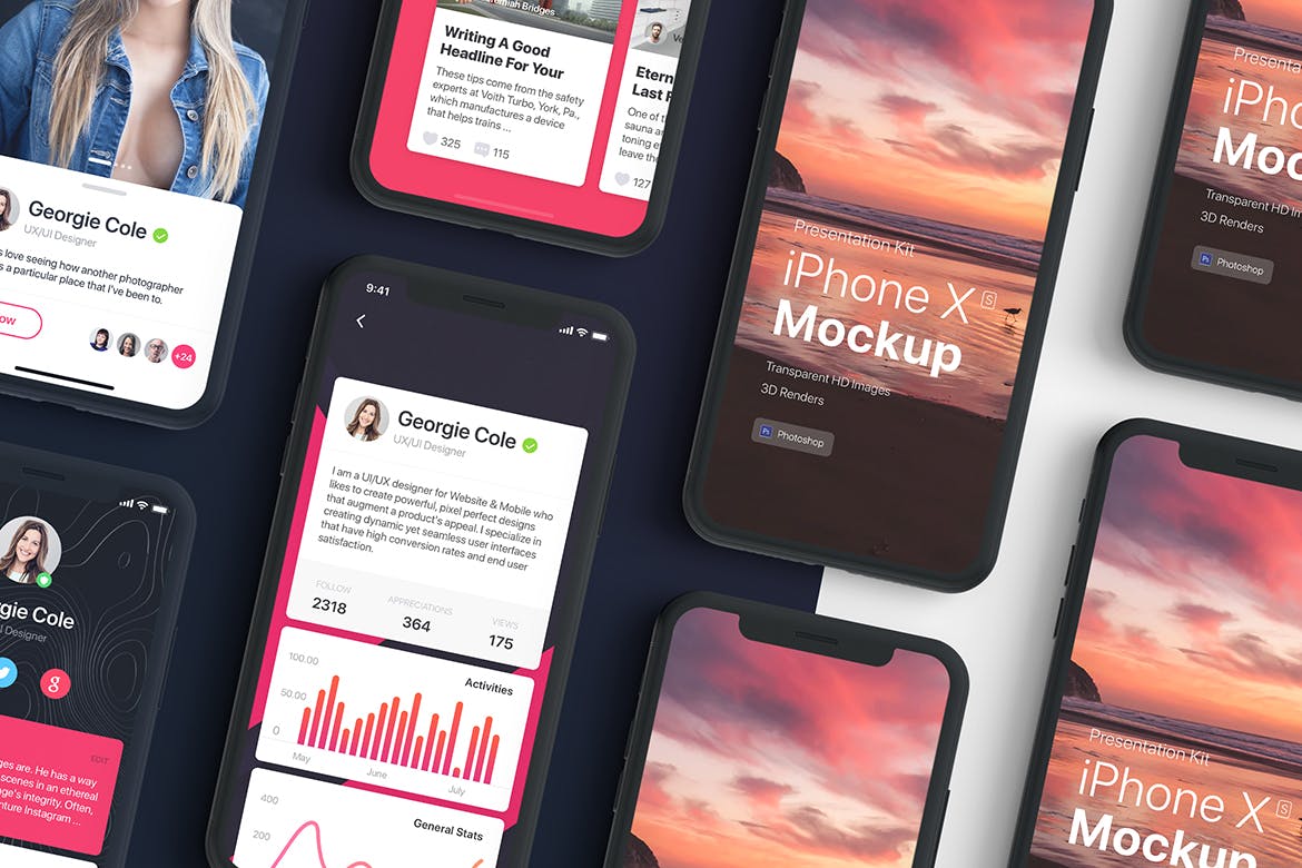 APP界面设计截图预览iPhone X手机样机模板v2 Presentation Kit – iPhone showcase Mockup插图(4)