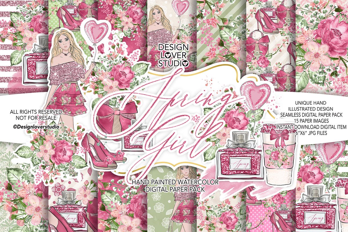 情人节礼物腮红色水彩花卉剪贴画设计素材 Spring Girl digital paper pack插图