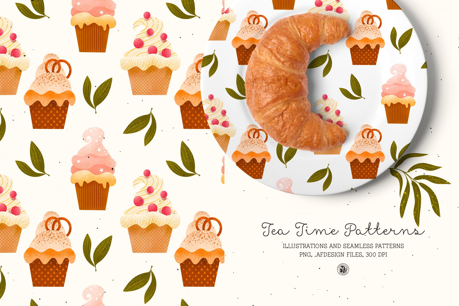 下午茶时光主题点心甜点手绘图案无缝背景素材 Tea Time Patterns插图(4)