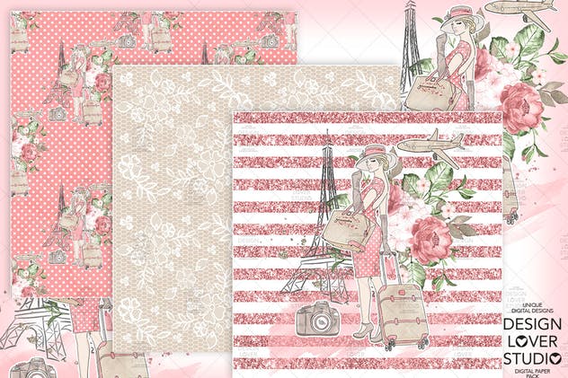 旅行花卉元素剪贴画素材合集 Travel woman digital paper pack插图(2)