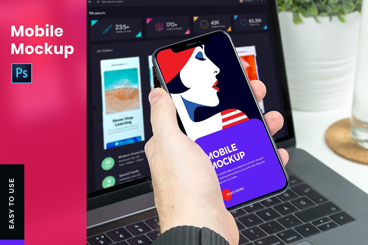 手持全面屏手机UI设计演示素材库精选样机模板 Mobile With Hand Mockup插图(1)