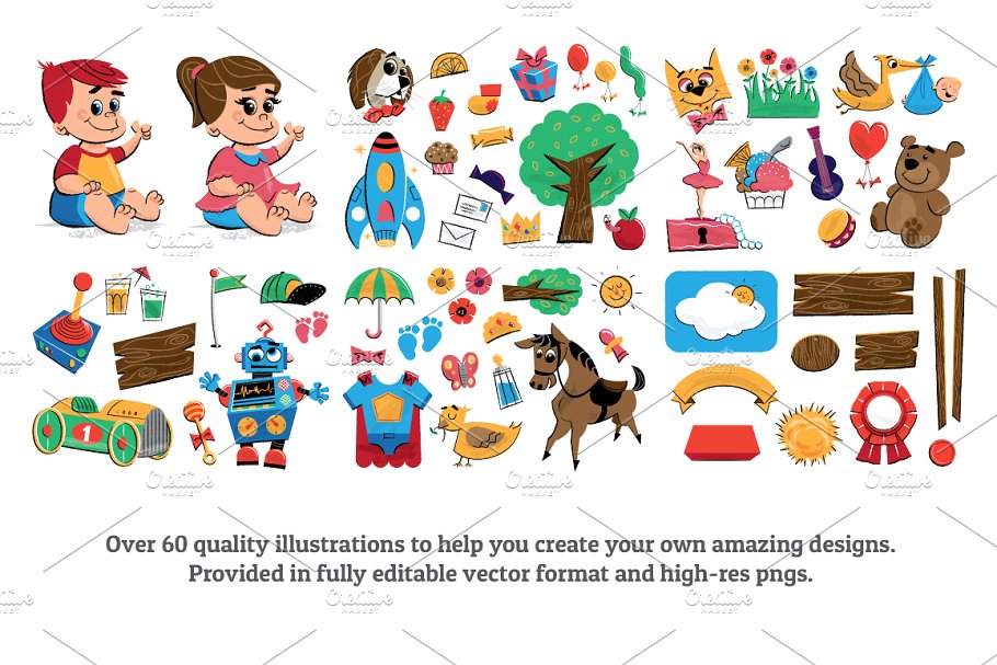 复古彩色风格儿童聚会派对插图 Children’s Party Illustrations插图(1)