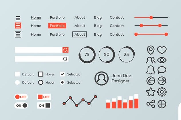 红白配色扁平设计风格移动Web用户界面工具包 Red & White Flat Mobile Web UI Kit插图(2)