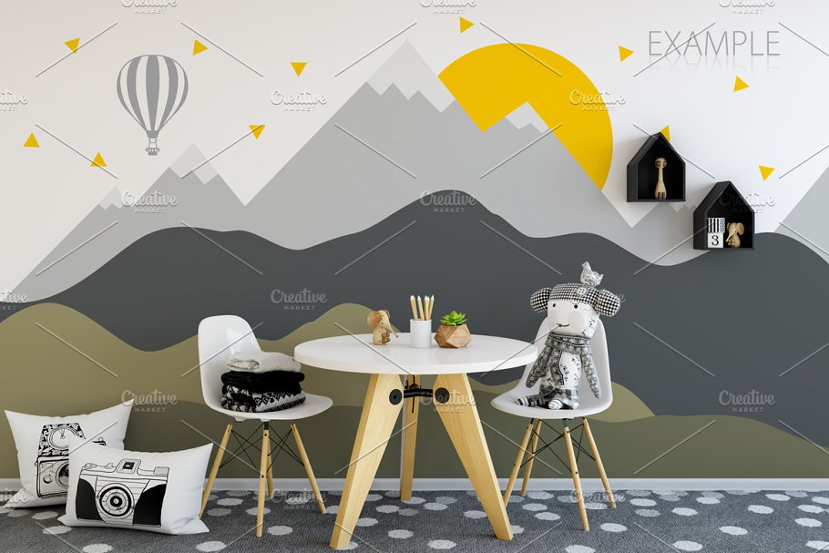 儿童主题室内墙纸设计展示和相框画框样机 Kids Interior Wall & Frames Mockup 1插图(27)