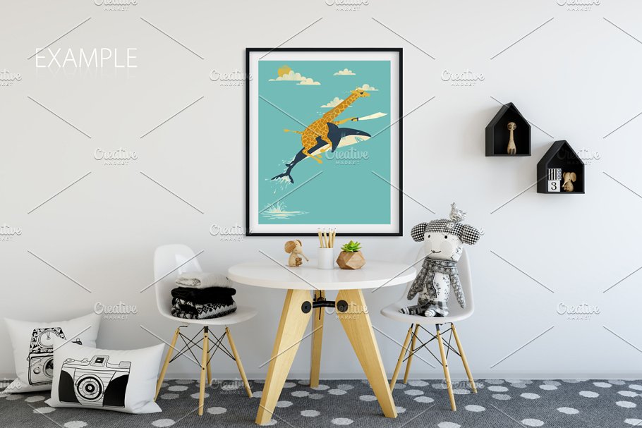 儿童主题室内墙纸设计展示和相框画框样机 Kids Interior Wall & Frames Mockup 1插图(29)