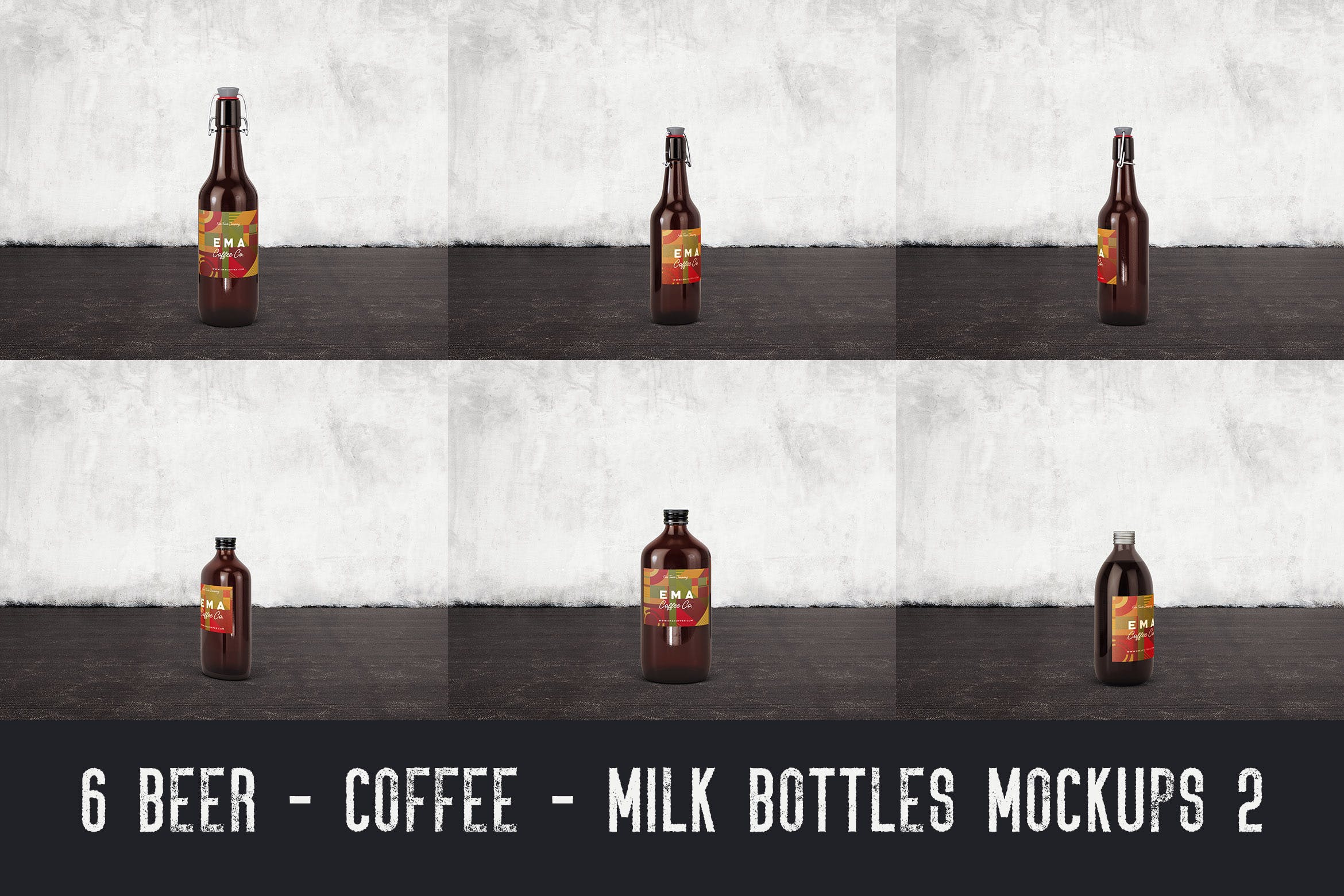 6个啤酒/咖啡/牛奶瓶外观设计素材库精选v2 6 Beer Coffee Milk Bottles Mockups 2插图