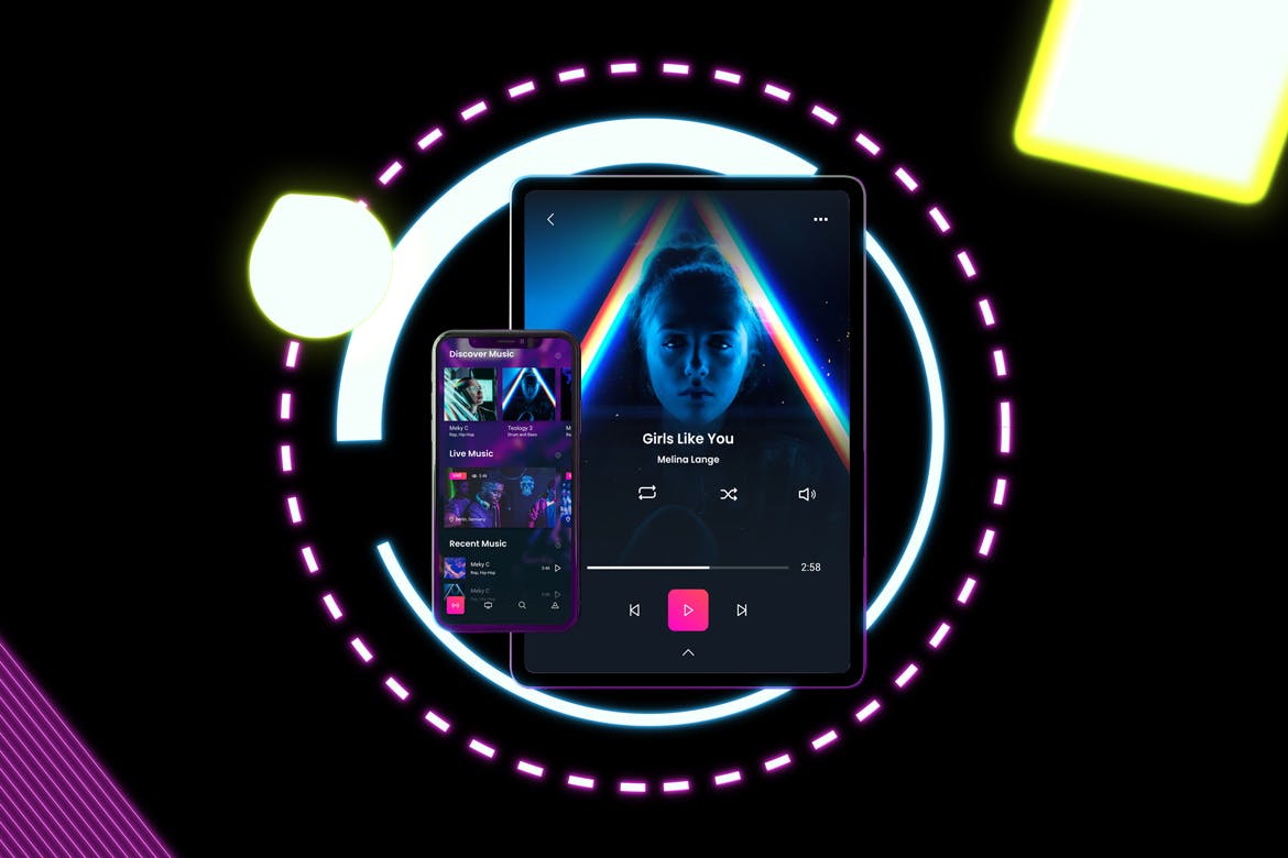 霓虹灯背景iPhone XS & iPad Pro样机模板 Neon iPhone XS & iPad Pro插图(3)