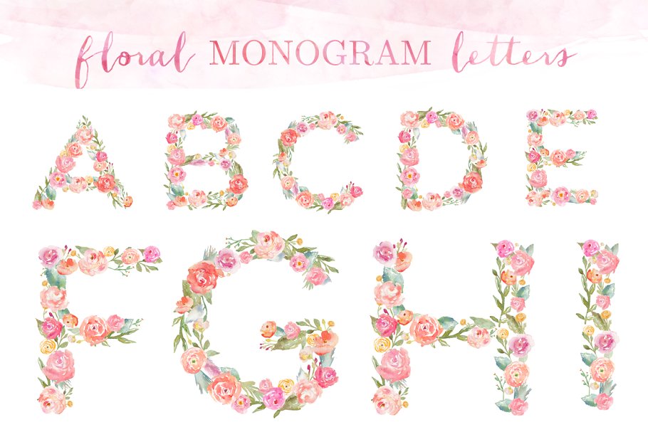 26个水彩拼花字母剪贴画 Monogram Floral Alphabet Letters插图