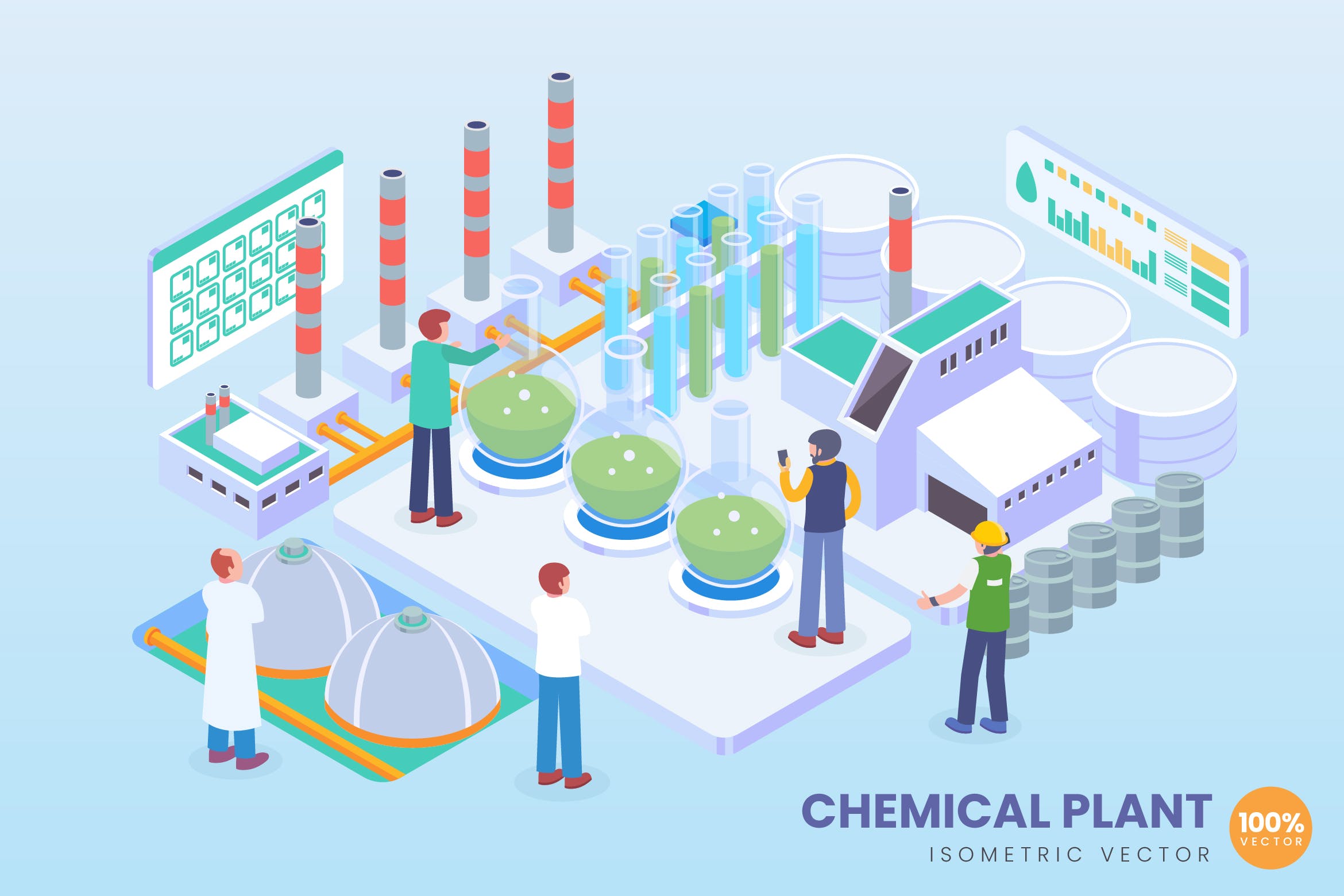 创新型化工厂等距矢量科技素材库精选概念插画v1 Isometric Chemical Plant Vector Concept插图