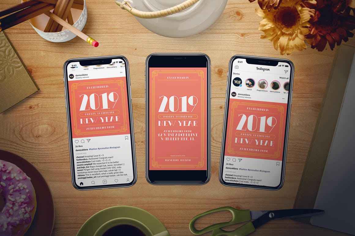 极简风格珊瑚红新年海报传单设计模板 Living Coral New Year Flyer插图(2)