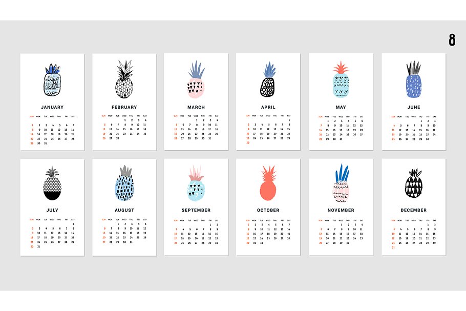 水彩涂鸦日历模板 2017 CALENDARS | raster & vector插图(11)