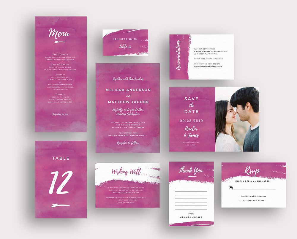 紫色笔刷纹理背景婚礼邀请函设计套件 Purple brush watercolor invite插图