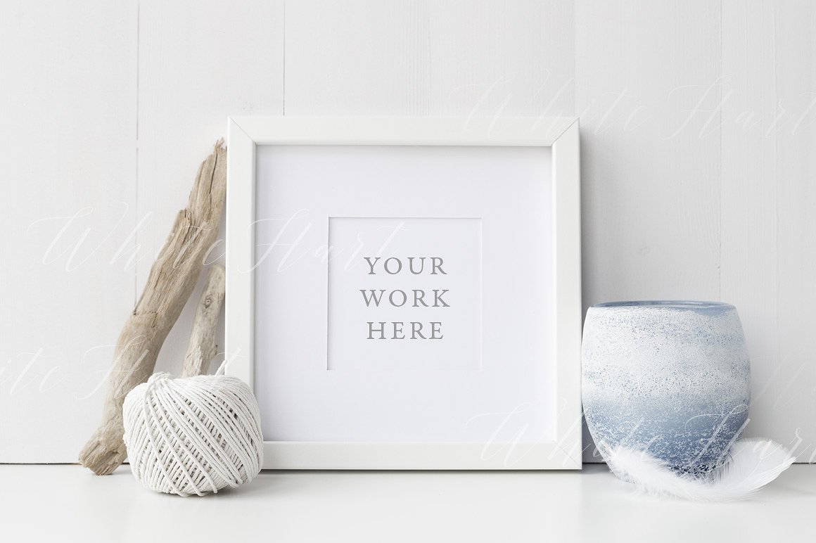 白色方形艺术相册画框模板 White square nautical frame mock up插图