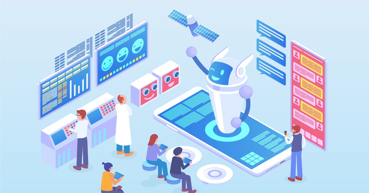 AI智能机器人场景2.5D等距概念插画 Isometric Chatbot Vector Concept Illustration插图