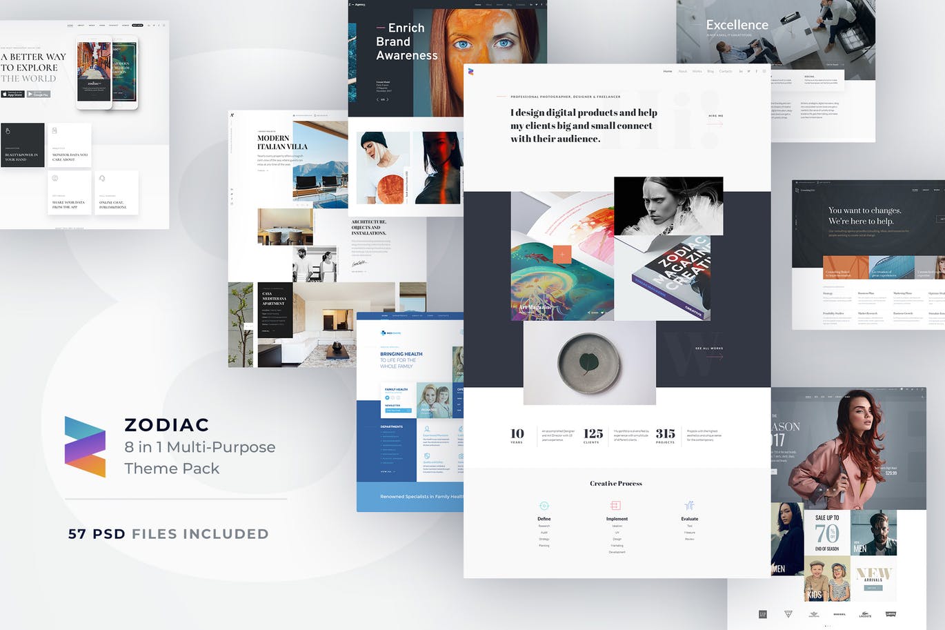 八合一多用途网站主页着陆页设计PSD模板 Zodiac – Multi-Purpose PSD Template插图