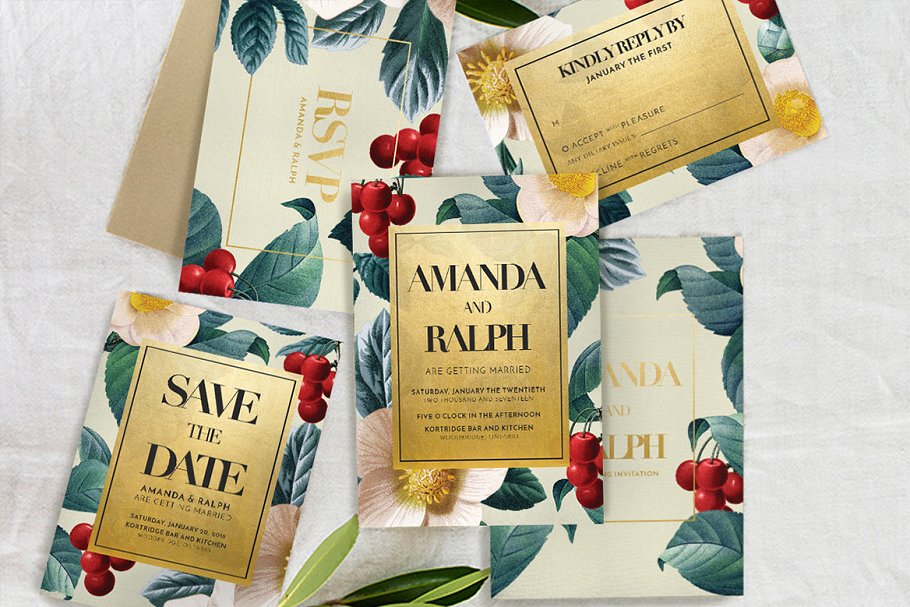 金色花卉婚礼设计物料设计素材包 Gold Floral Wedding Suite插图(2)