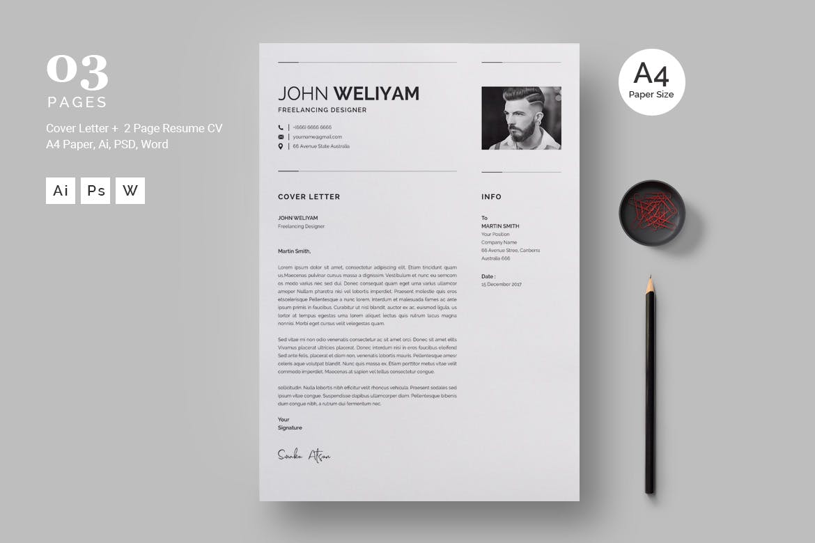 方形大头贴照片现代简约履历表版式设计模板 Professional and Clean Resume Template插图(2)