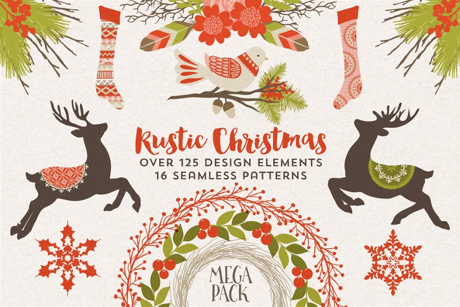 乡村圣诞矢量图形与无缝图案纹理 Rustic Christmas Graphics & Patterns插图