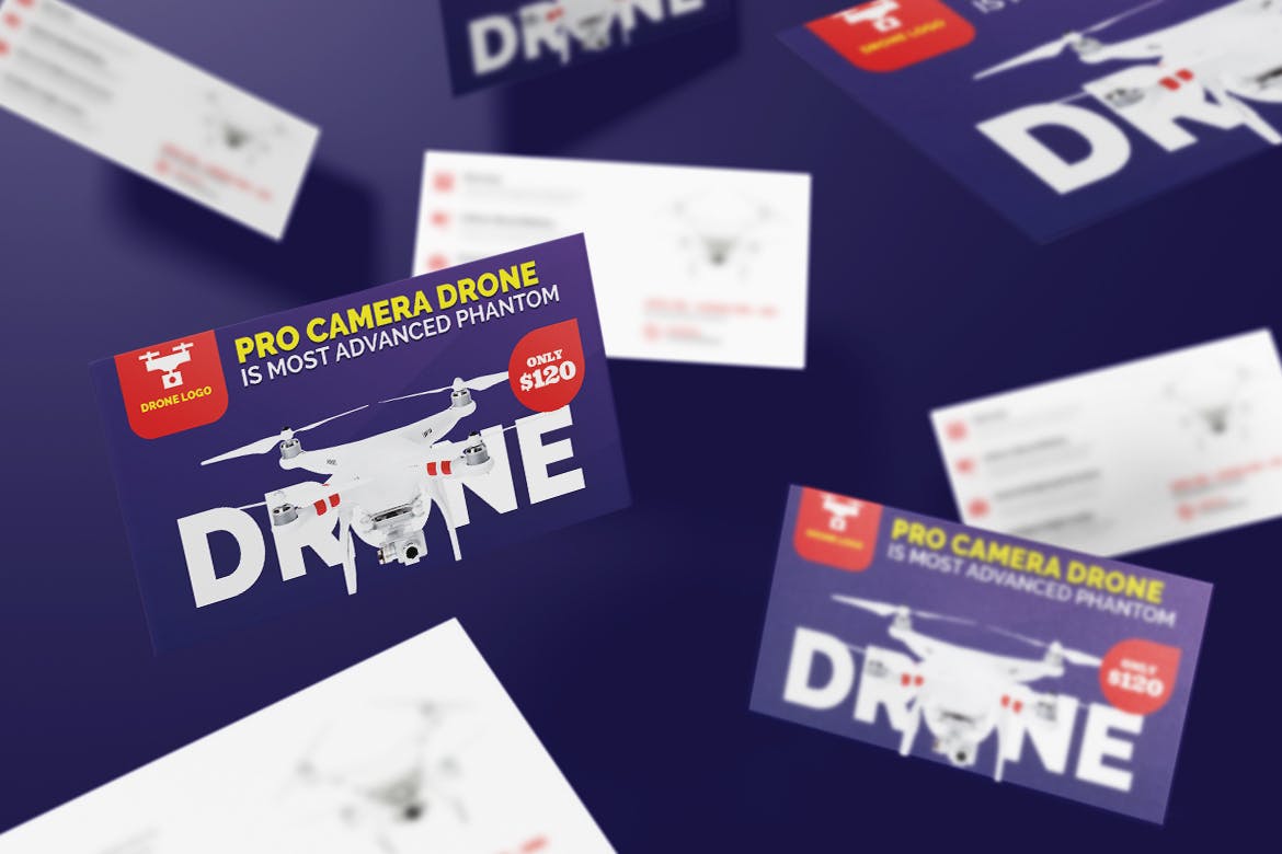 无人机销售代表/销售经理素材库精选名片模板 Drone Product Showcase Business Card插图(1)