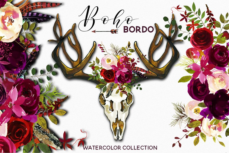 波希米亚式&波尔多水彩花卉剪贴画 Boho Bordo Watercolor Flowers插图(1)