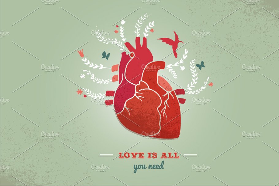 心花怒放的爱情背景  Love background with heart & flowers插图(1)