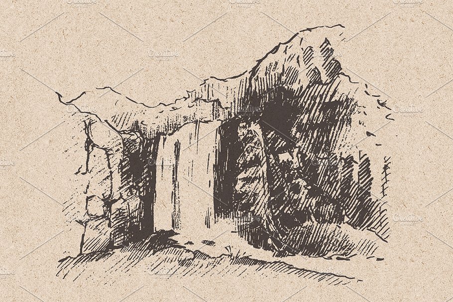 美丽瀑布素描矢量图形 Beautiful waterfalls, sketch style插图(6)