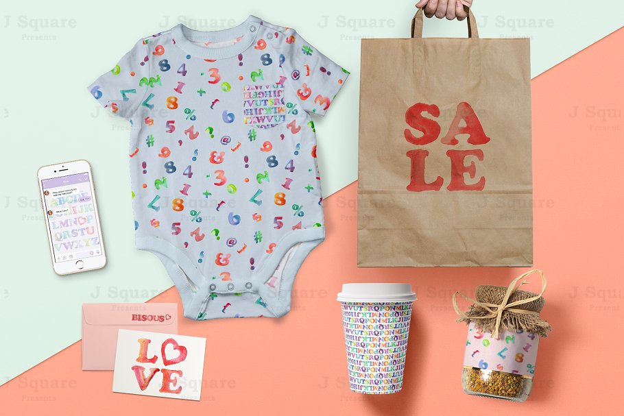 水彩字母&数字剪贴画 Watercolor Alphabet & Number Bundle插图(2)