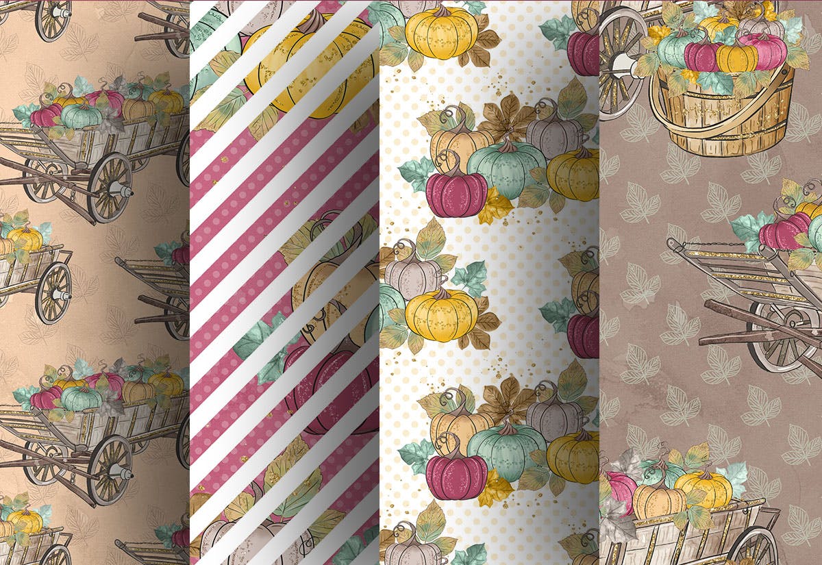 农场秋天丰收季节手绘图案数码纸张图片背景素材 Harvest Pumpkin digital paper pack插图(3)