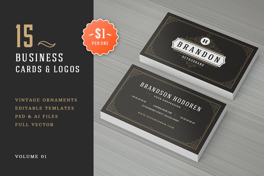 15款复古装饰风格企业名片设计模板 15 Ornaments Business Cards Bundle插图