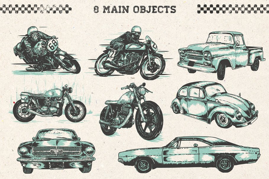 创意手绘老式汽车摩托车剪贴画合集 Hand drawn Cars and Bikes插图(2)