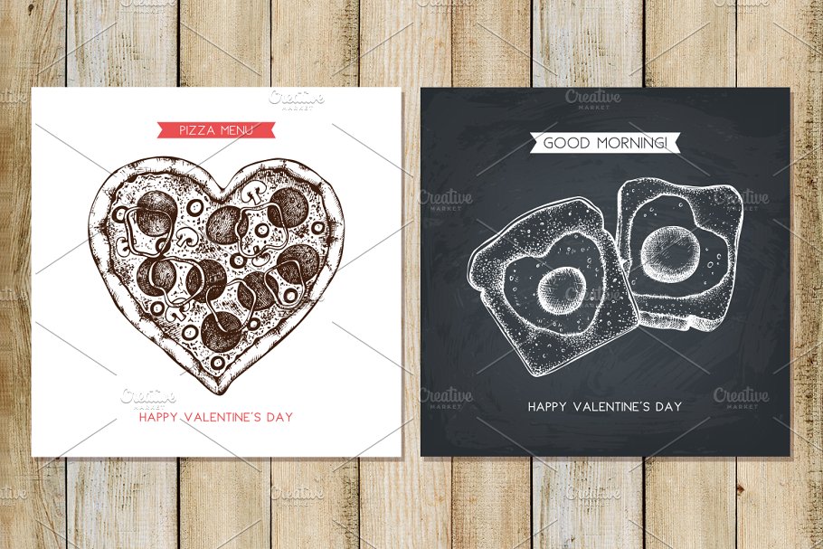 情人节主题配色食品和饮料手绘插画 Food & Drinks for Valentine’s Day插图(3)