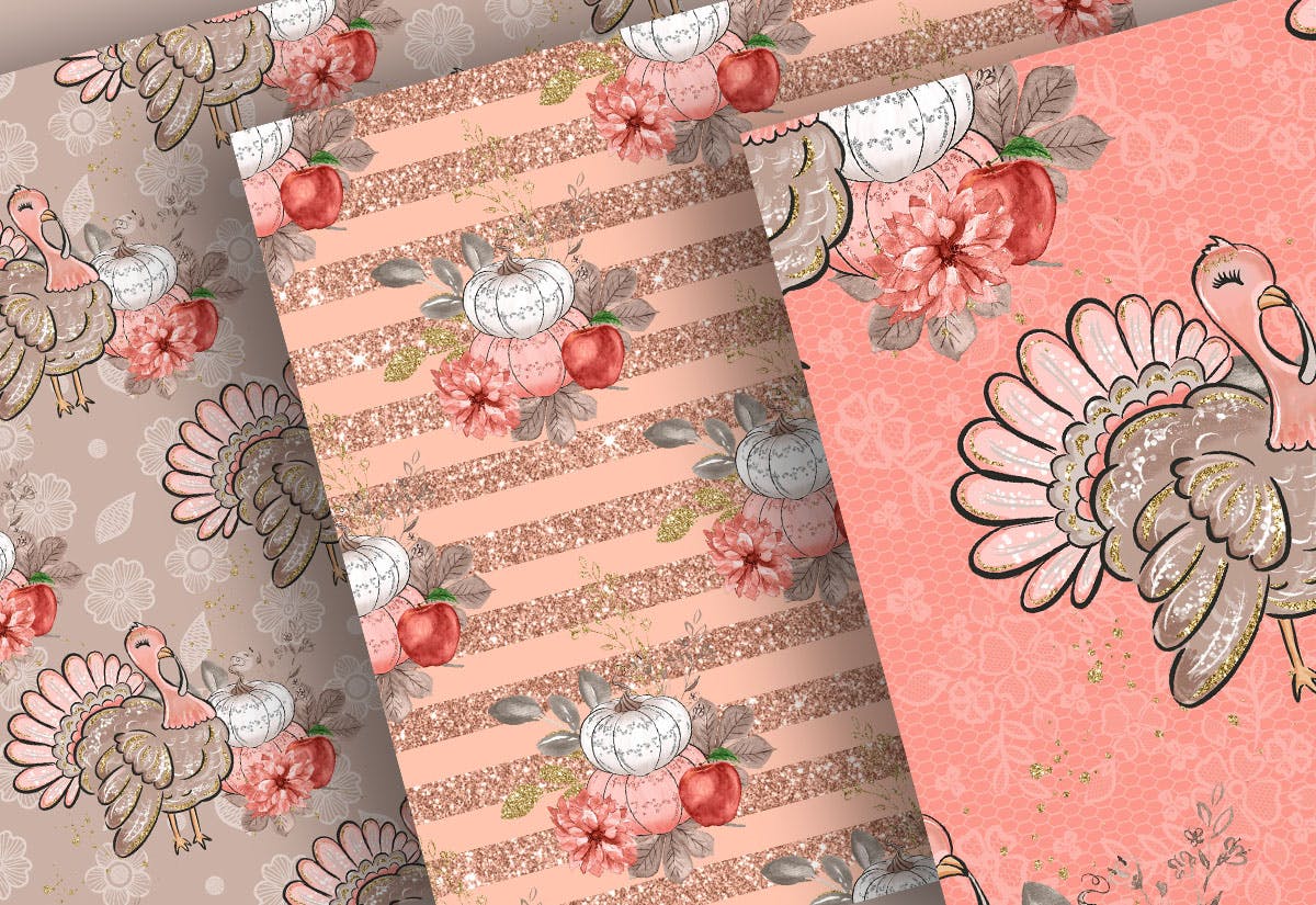 感恩节主题火鸡手绘图案数码纸张素材 Turkey Thanksgiving digital paper pack插图(3)