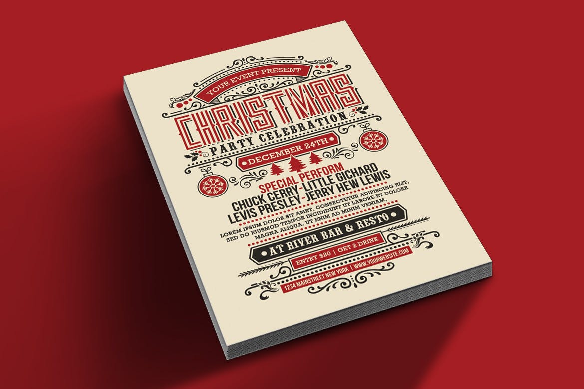复古装饰艺术风格圣诞节派对海报传单模板 Chirstmas Party Vintage Art Deco Stlye插图(1)