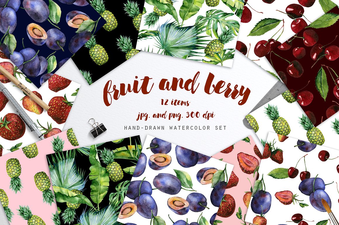 手工绘制水彩风格的水果图案素材下载[jpg,png]插图