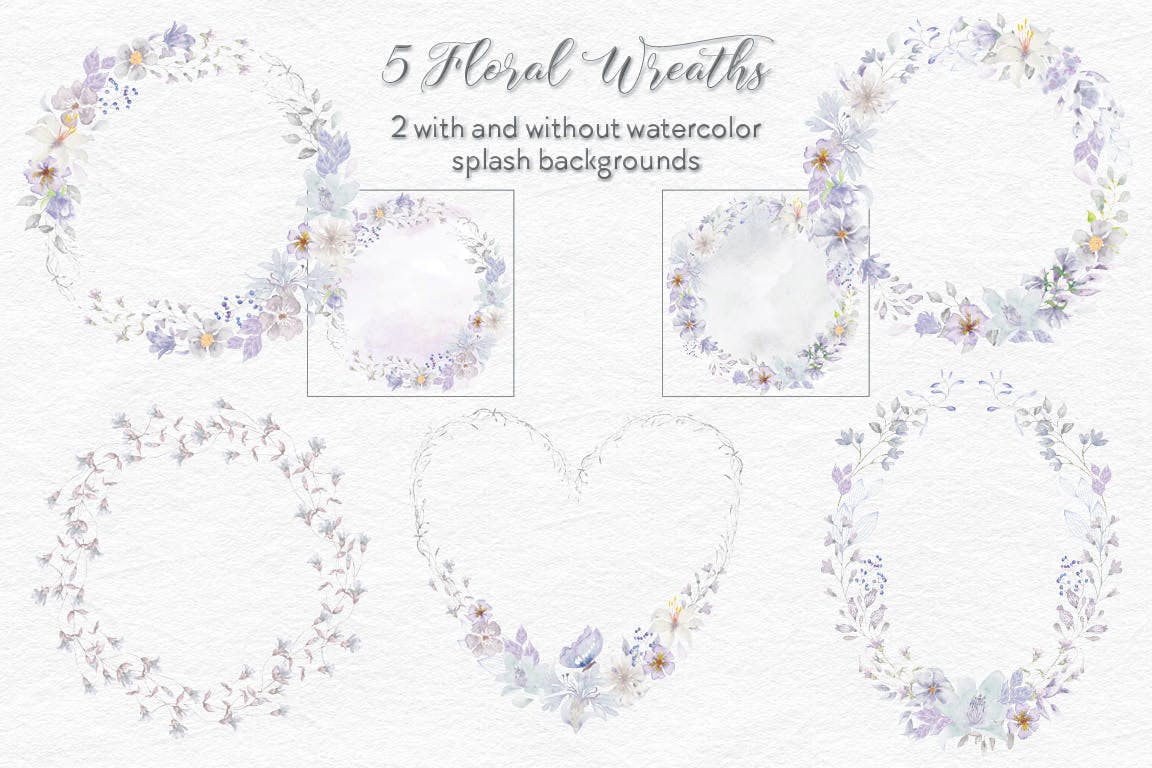 烟灰色水彩花卉手绘图案PNG素材 Smoky Grey Florals Watercolor Design Set插图(2)