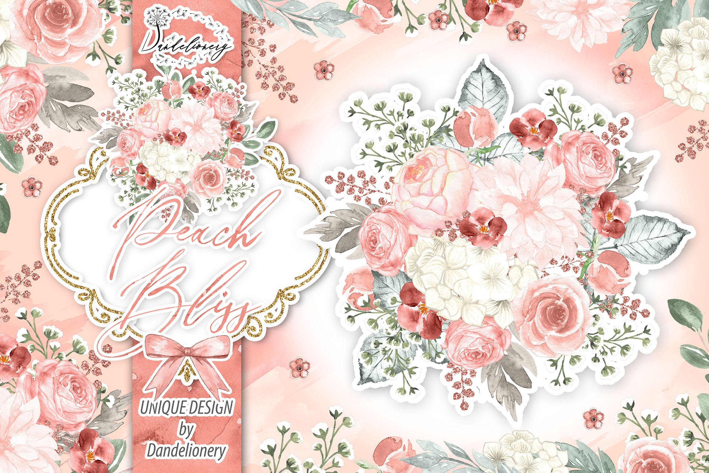 桃花色水彩手绘花卉剪贴画PNG素材 Watercolor Peach Bliss design插图